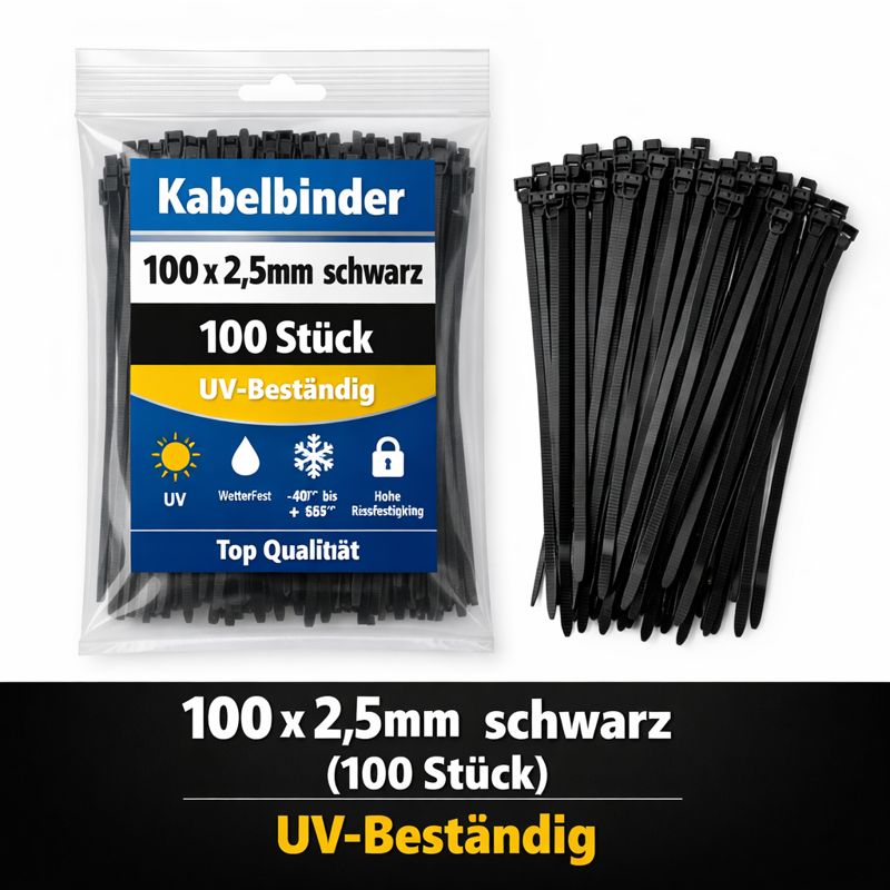 Kabelbinder - 100 x 2.5mm schwarz (100 Stk.) UV-Beständig