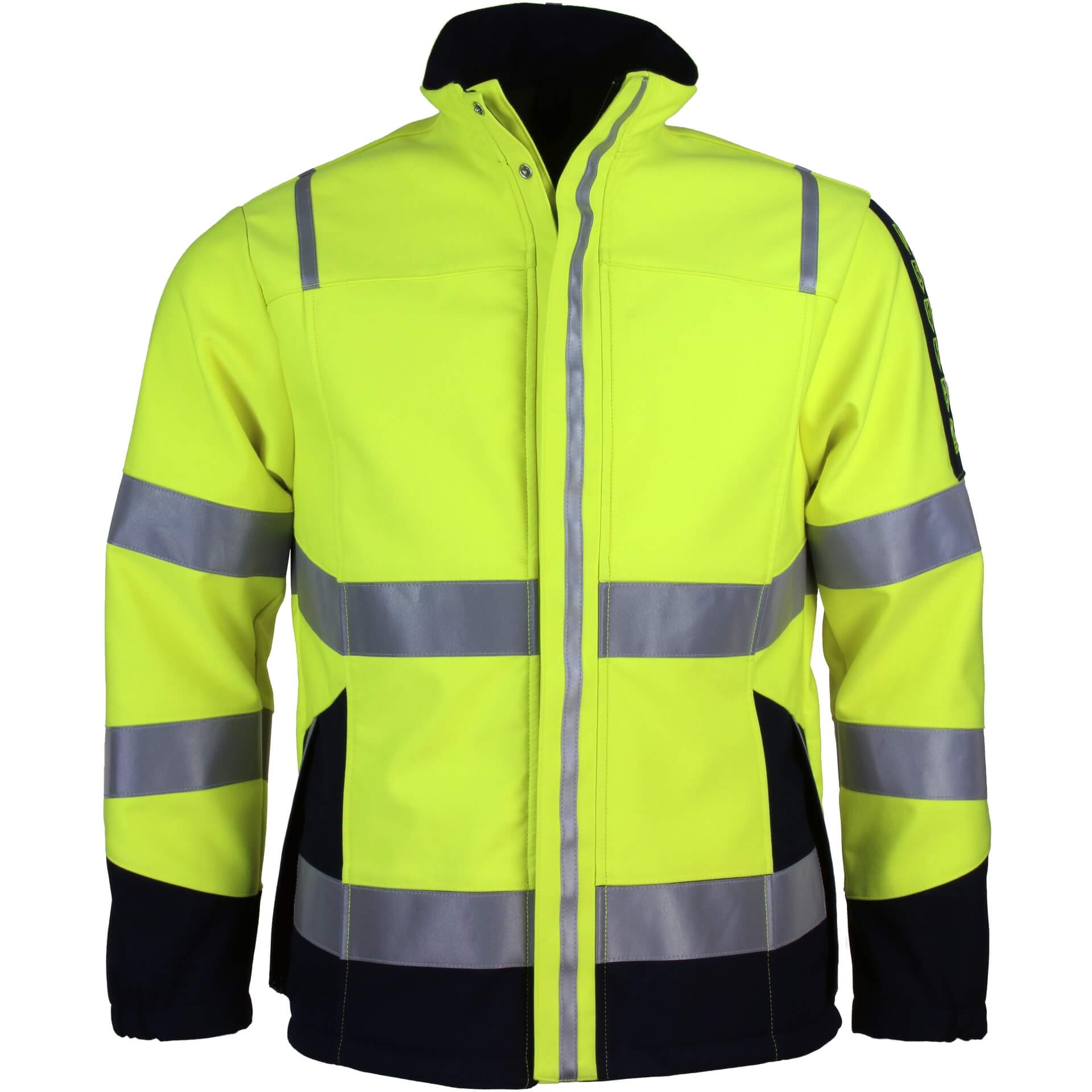 Multinorm-Softshelljacke FLSJA52 in Fluoreszierendem Gelb mit blauen Kontrasten